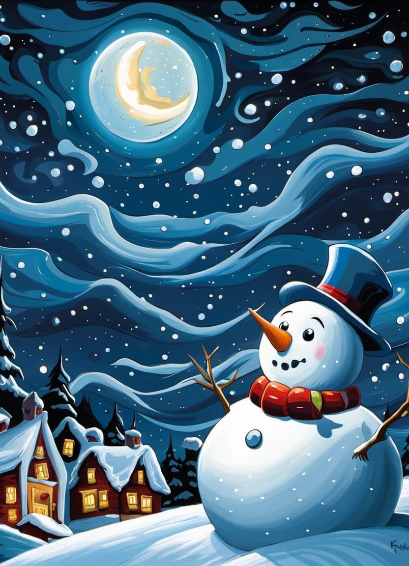 Cartoon Snowman in Winter Night Sky