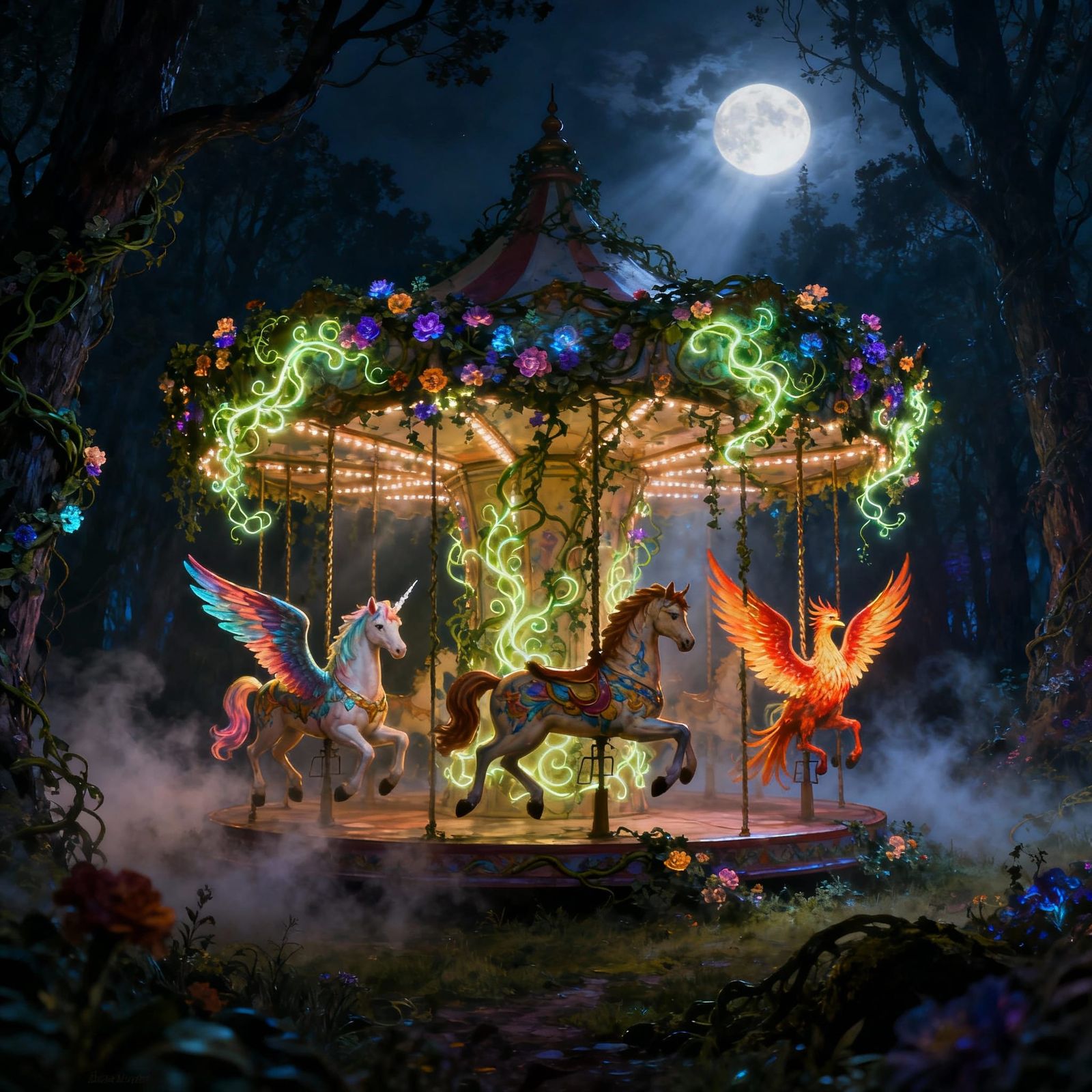 Enchanted Carousel with Mythical Creatures at Midnight