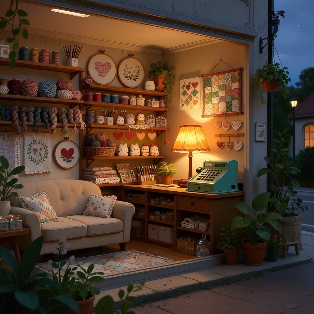 Cozy Craft Shop with Plants and Warm Evening Light