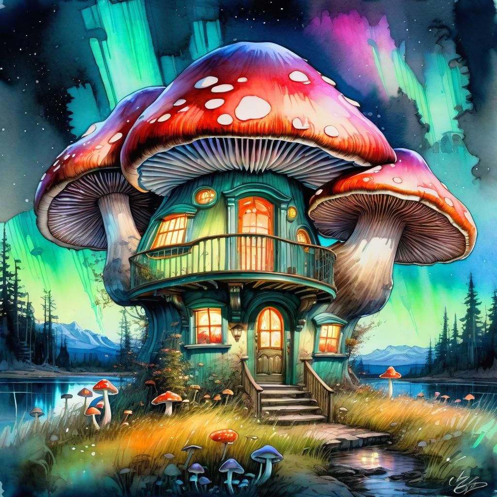Majestic Mushroom House Under Aurora, Art Nouveau Watercolor