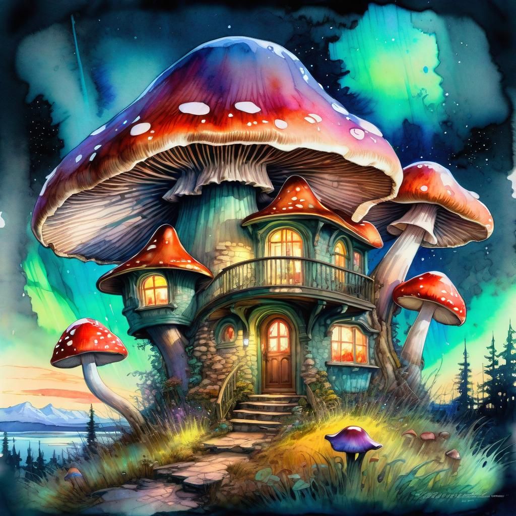 Majestic Mushroom House Under Aurora, Art Nouveau Style