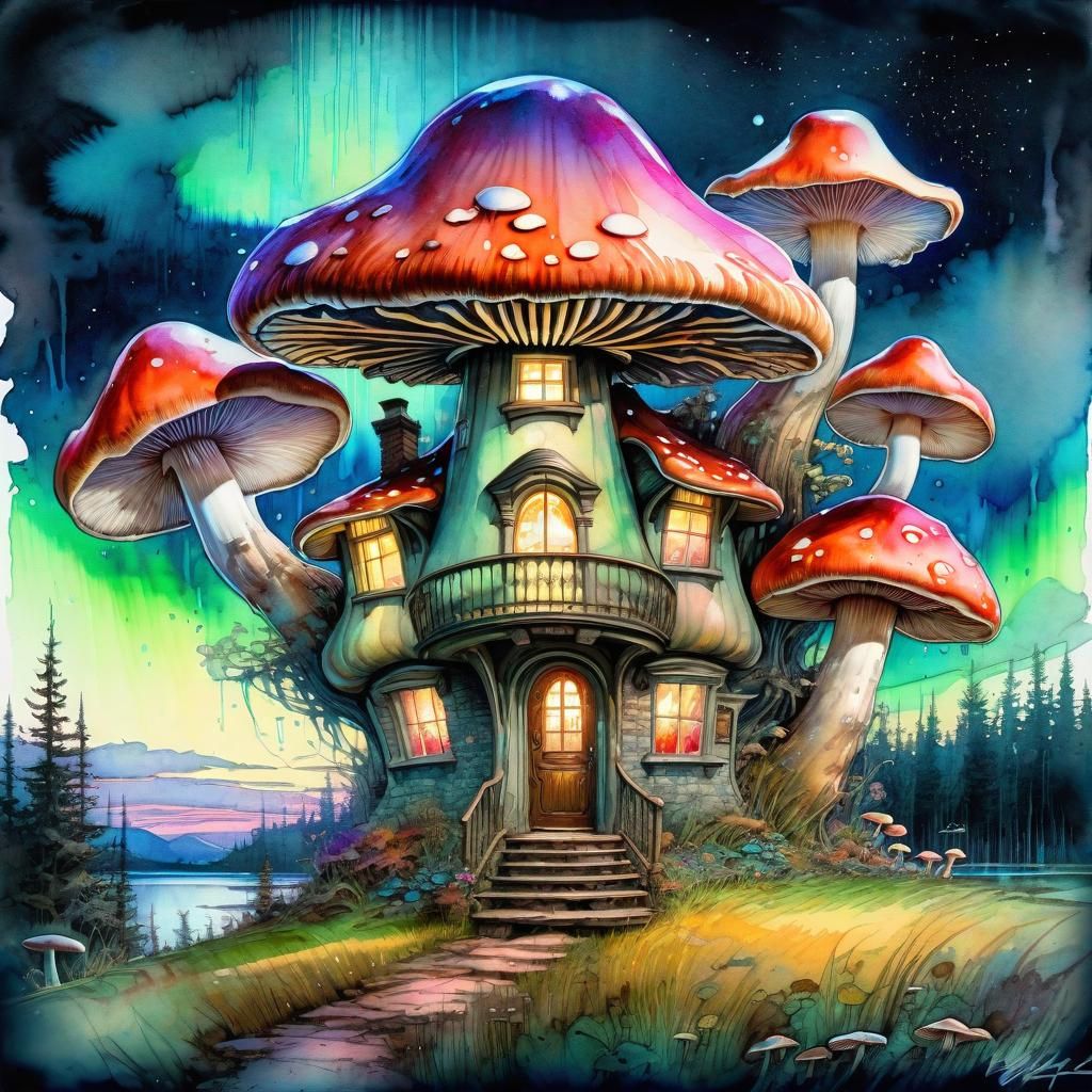 Majestic Mushroom House Under Aurora Sky