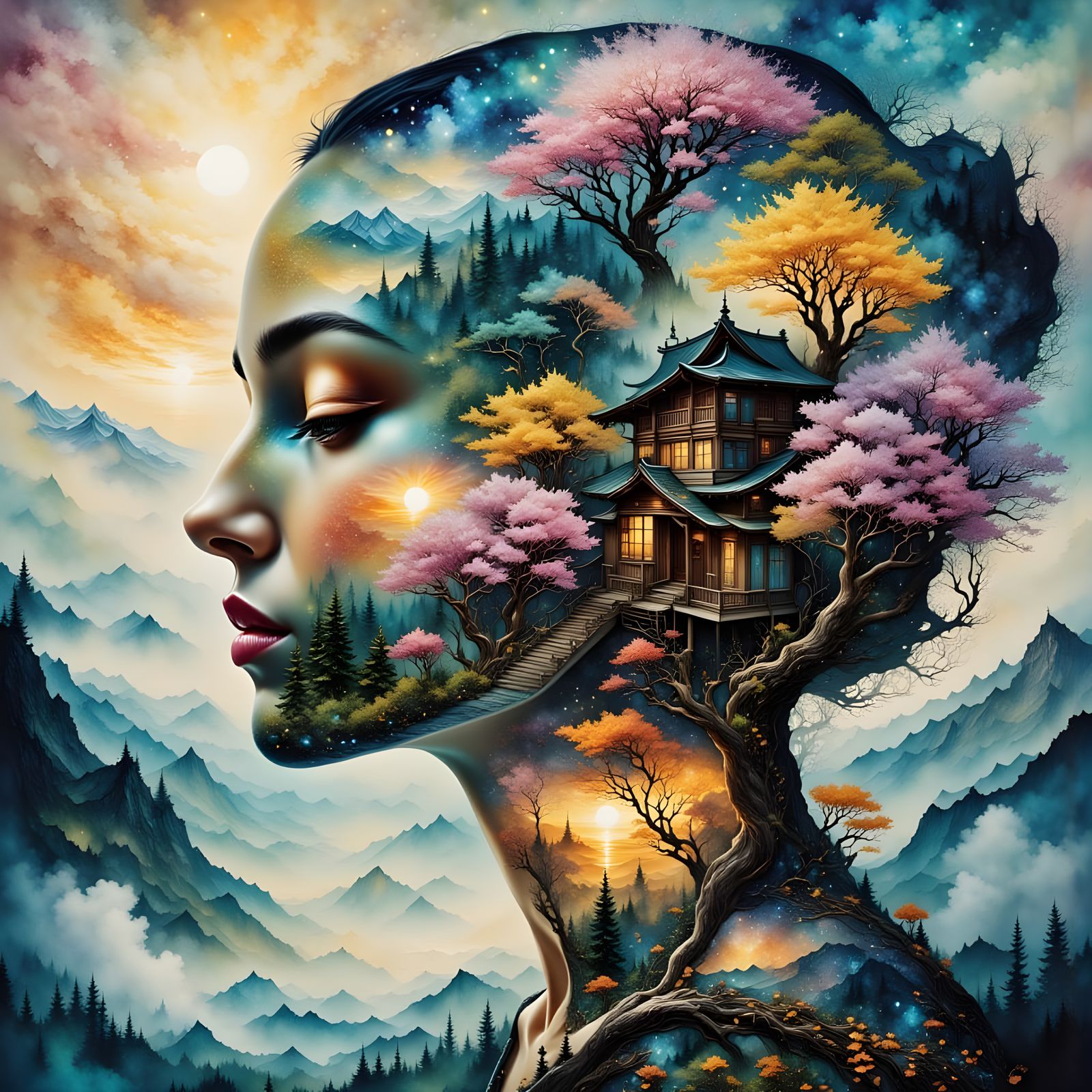 Ethereal Mother Figure Double Exposure with Seasonal Motifs