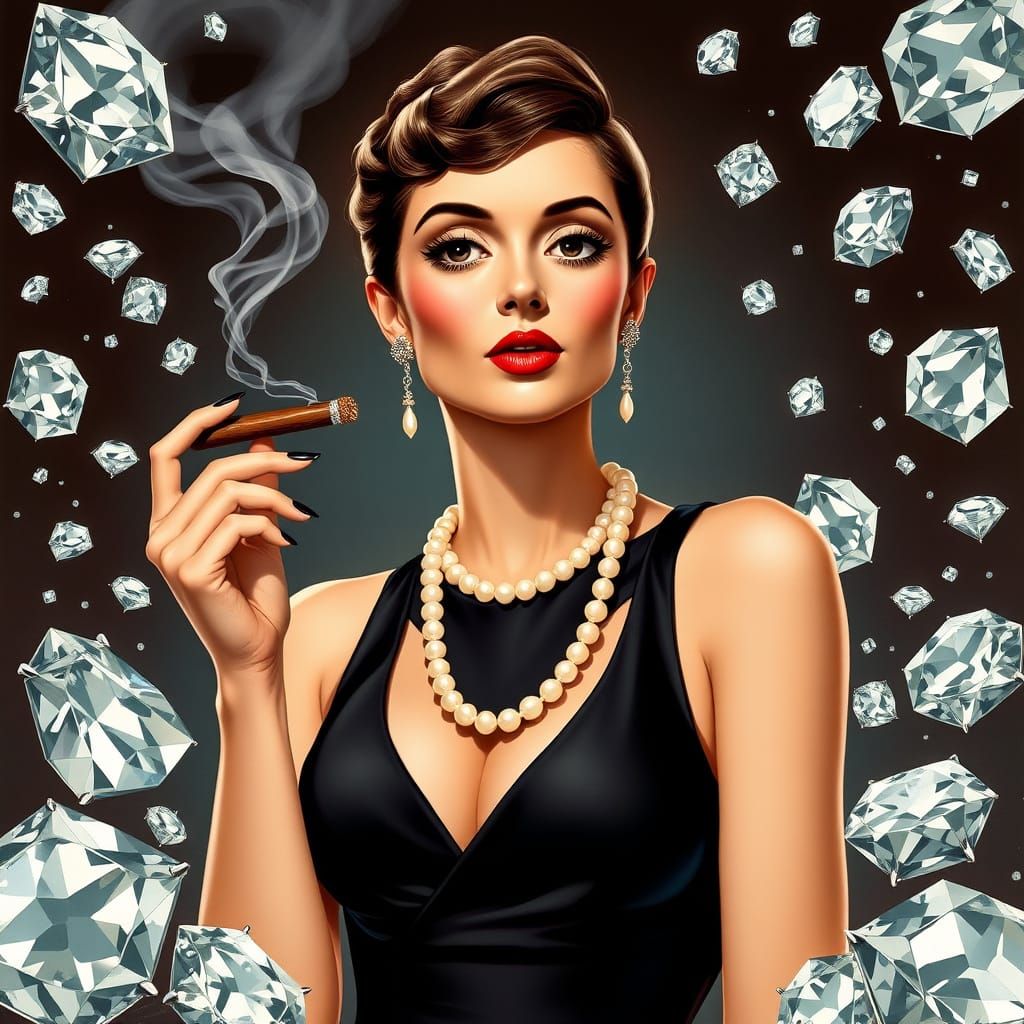 Glamorous Old Hollywood Starlet Surrounded by Luxury and Dia...