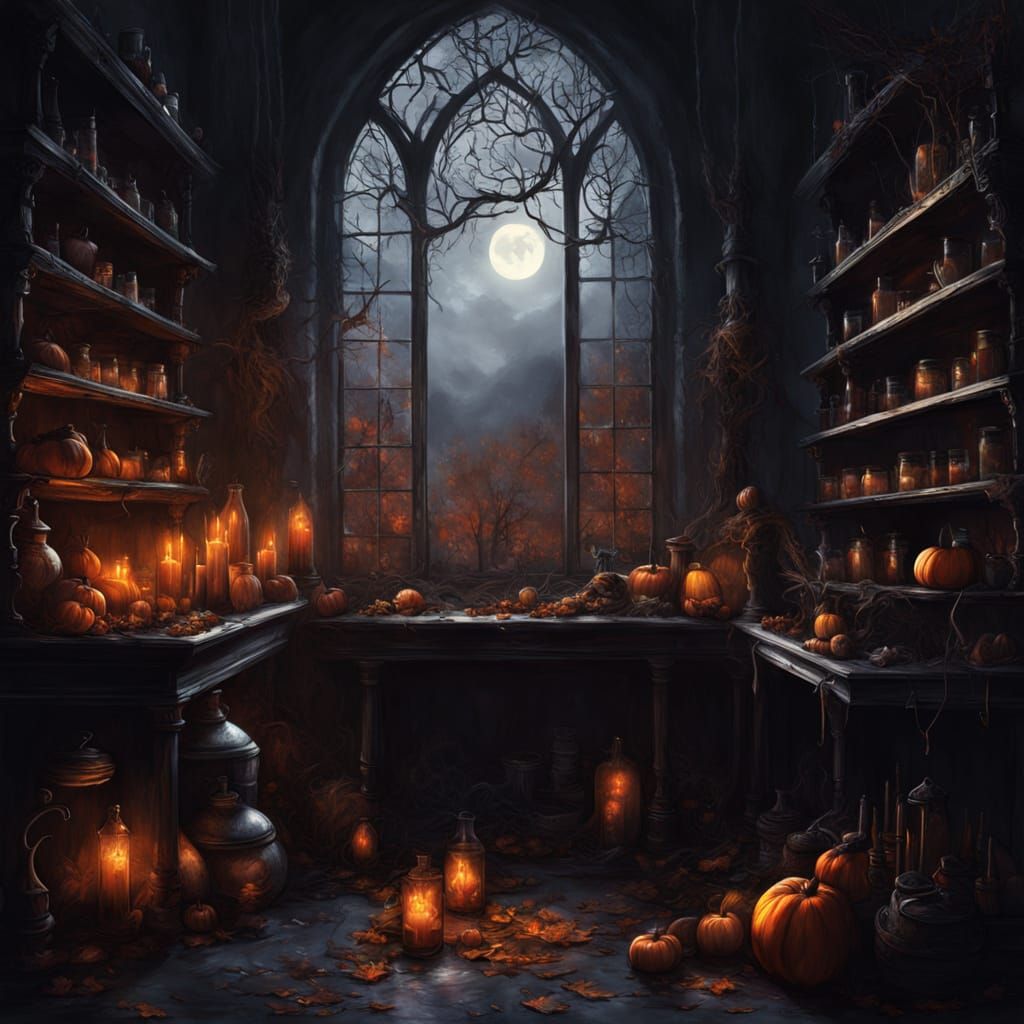 Dark Fantasy Alchemist Laboratory With Bubbling Potions