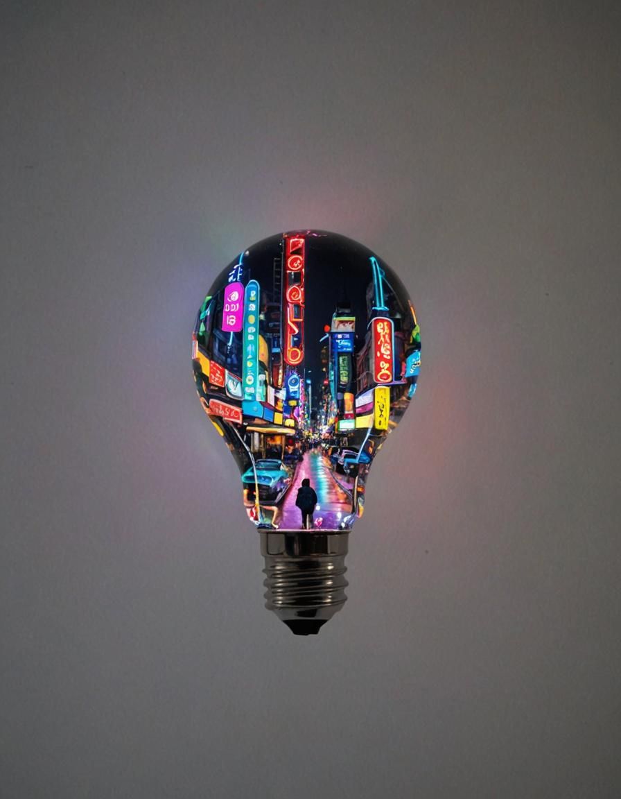 Cityscape in a Lightbulb with Neon Reflections