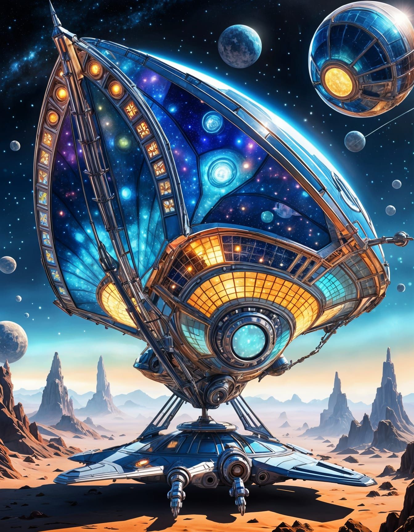 Biopunk Spaceship in Rococo Style with Nebula