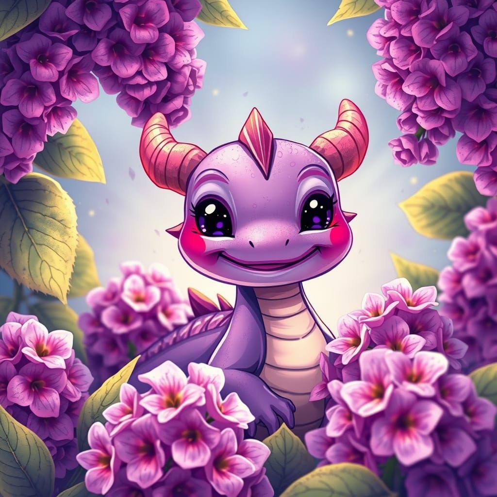 Smiling Purple Dragon Among Lilacs in Alcohol Ink Style