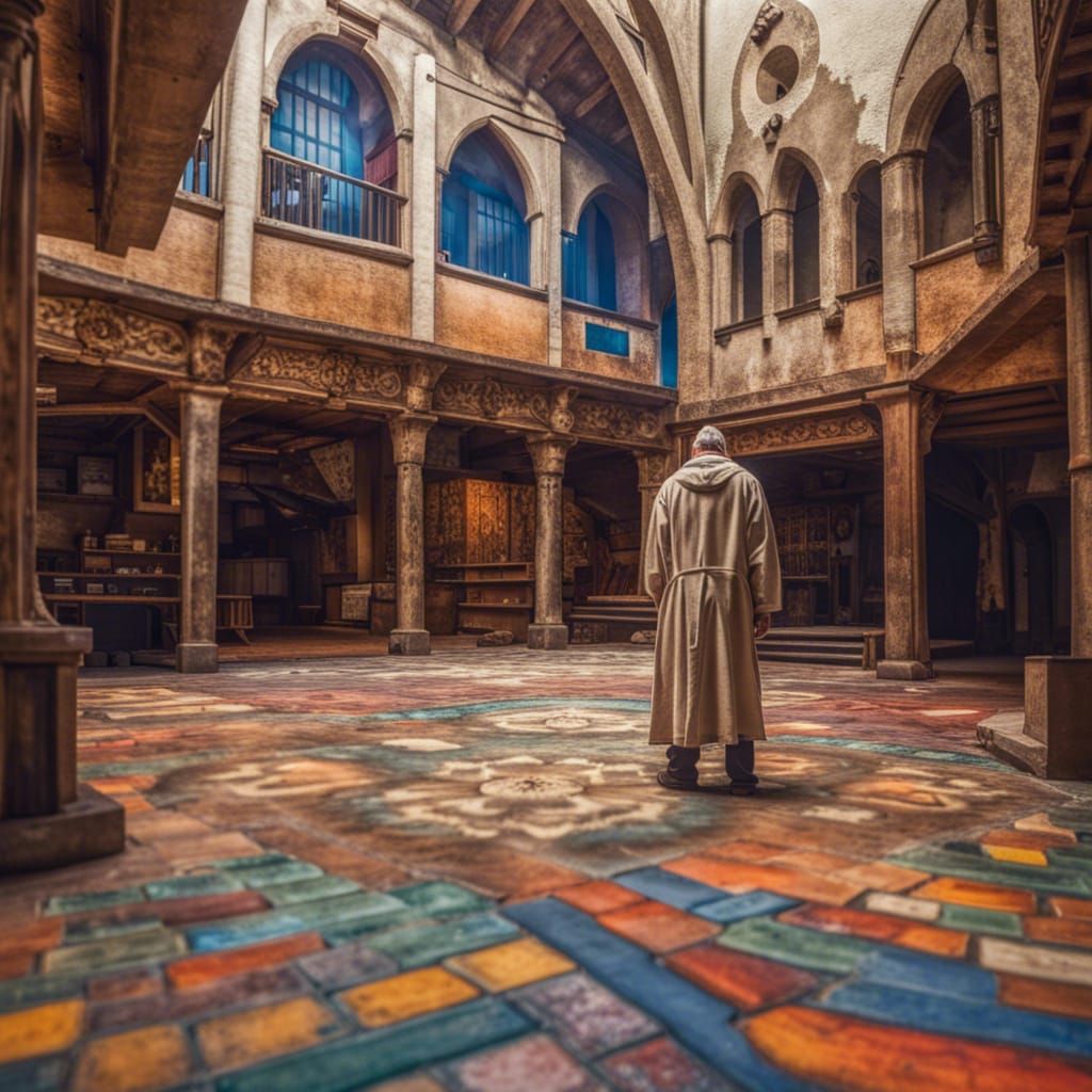 Abandoned Medieval Market with Lone Man