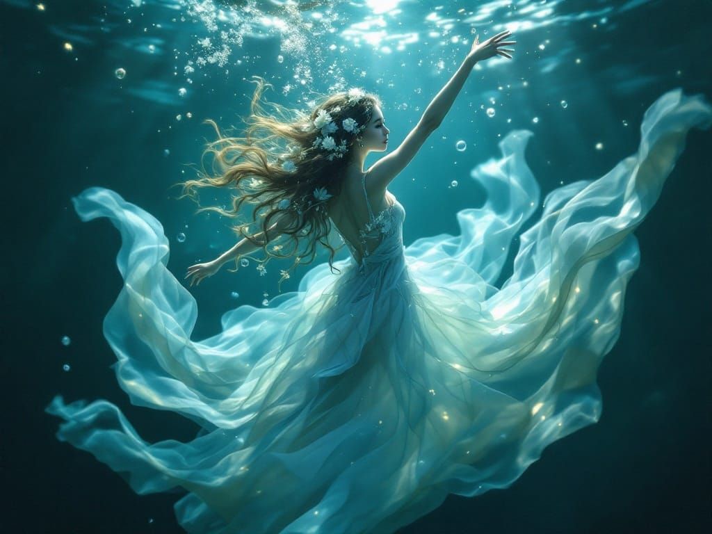 Ethereal Underwater Ballerina in Soft Blues and Emeralds