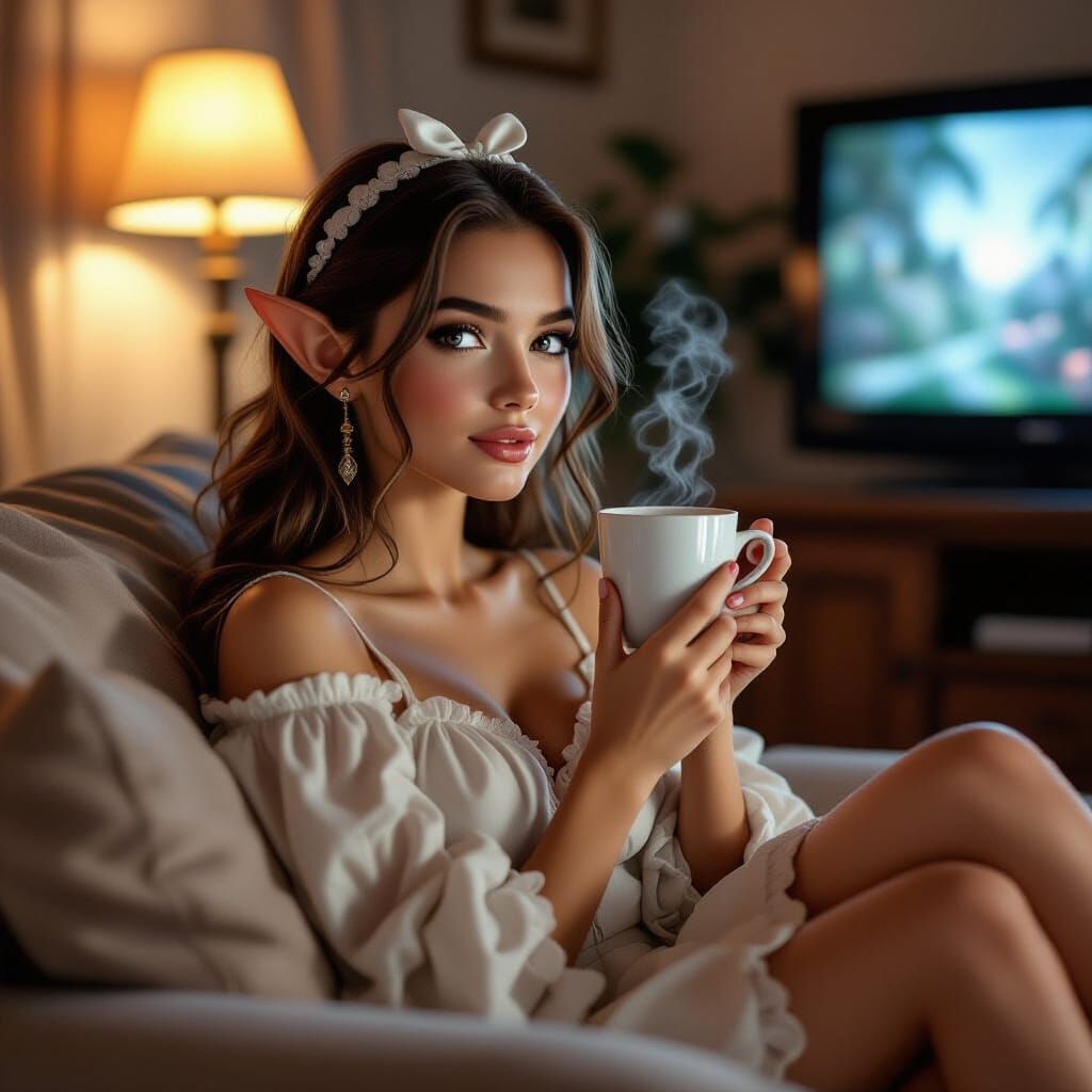 Elf Woman Enjoys Coffee While Watching TV in Hyperrealistic ...