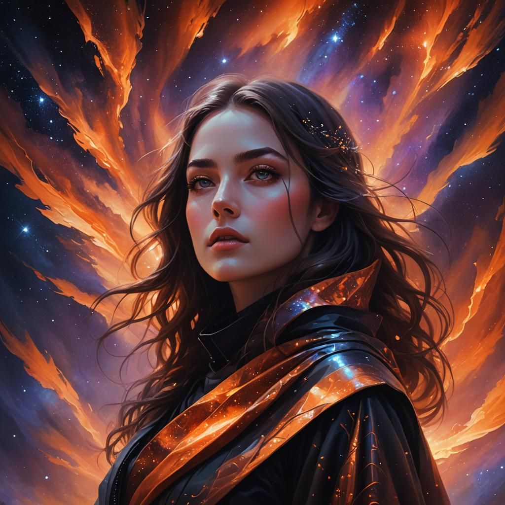 Girl Gazing at Orange Night Sky in Cyberpunk Style