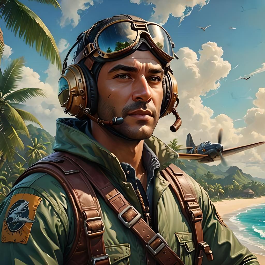 Retro Aviator Flies Over Tropical Beach as Impasto Painting