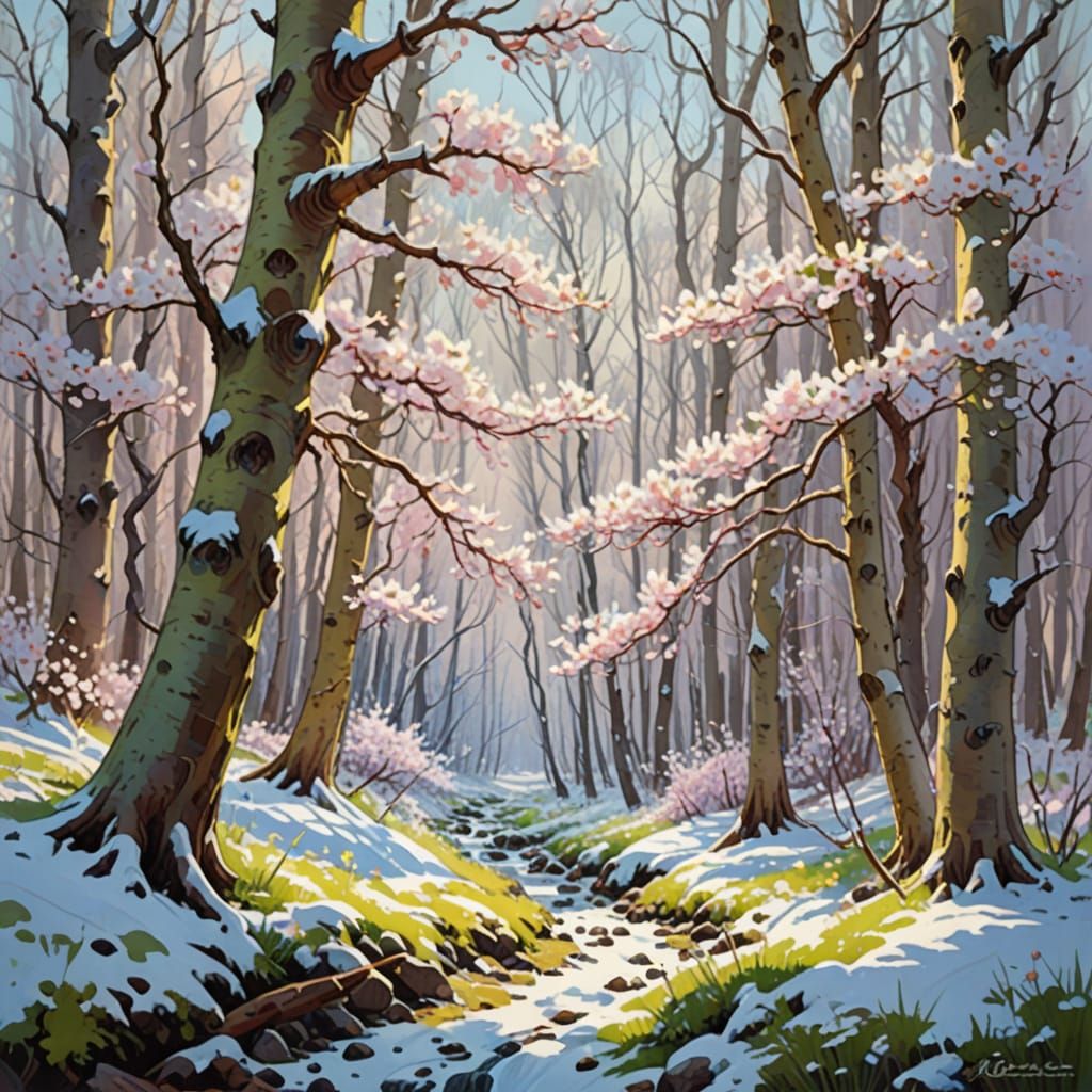 Spring Blossoms Emerge in Snowy Forest