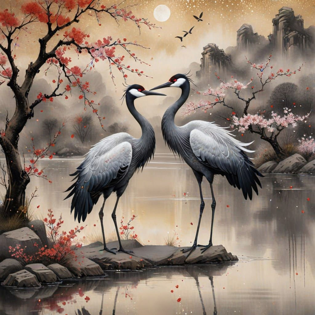 Chinese Landscape with Cranes and Cherry Blossoms