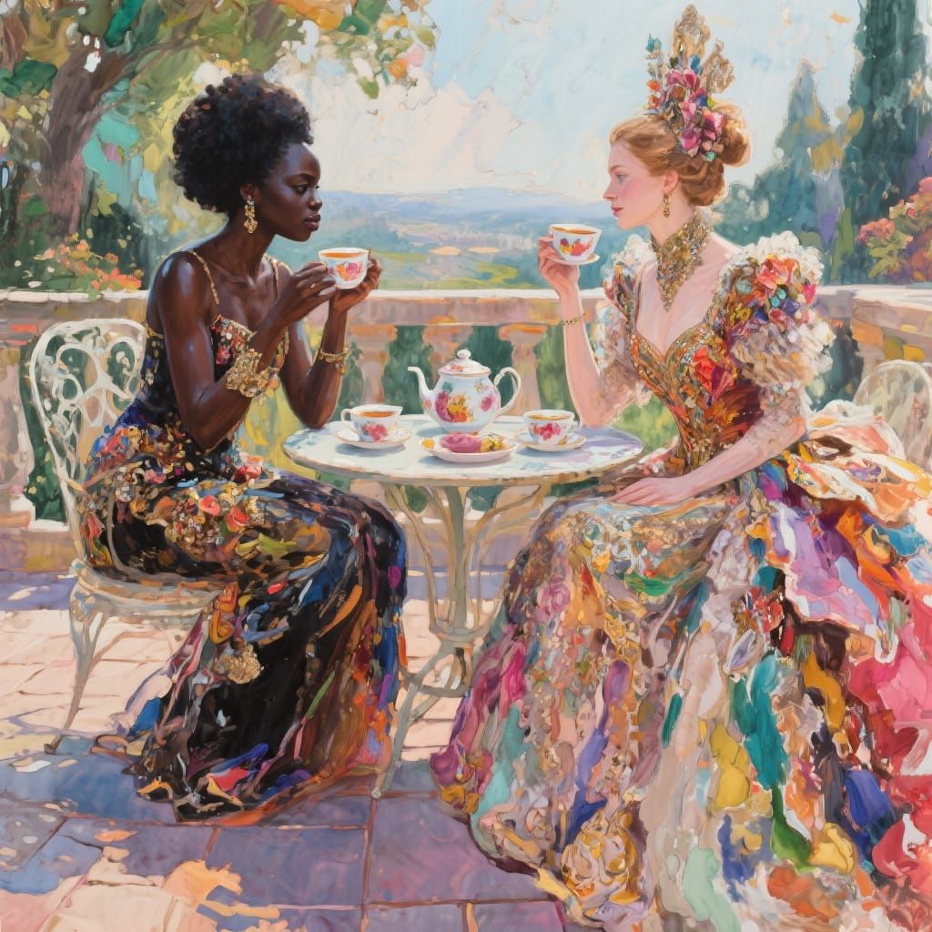 Extravagant Haute Couture Tea Party as Gouache Painting