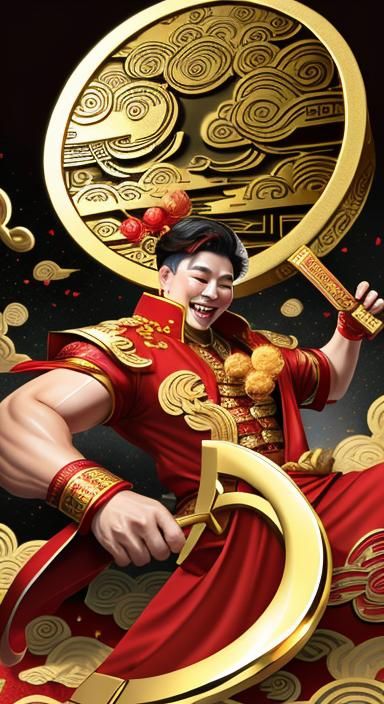 chinese God of Fortune throwing gold chinese coins everywhere to celebrate Chinese New Year with a happy face. Holding a...