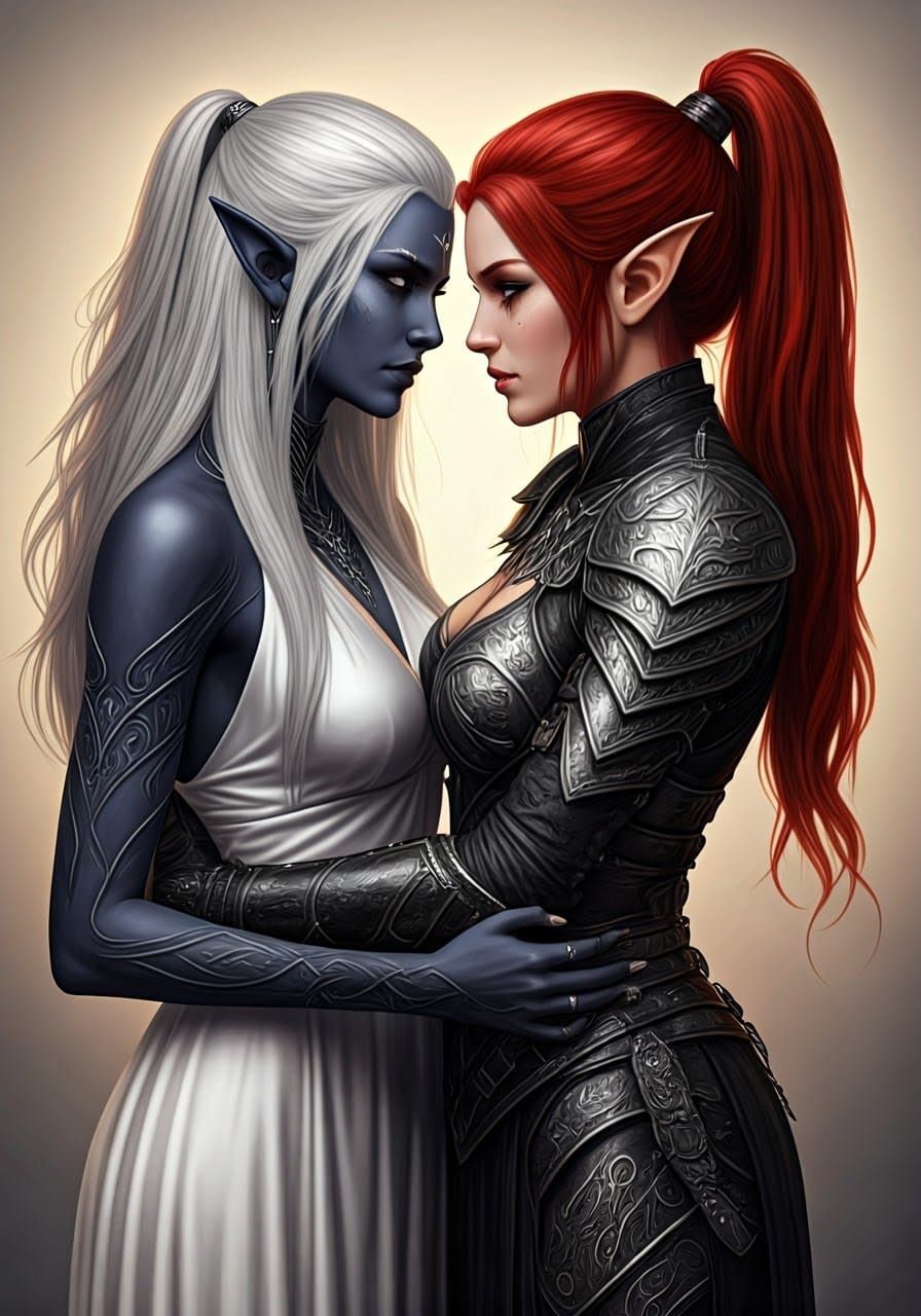 Ethereal Elf and Drow Couple in Intimate Embrace