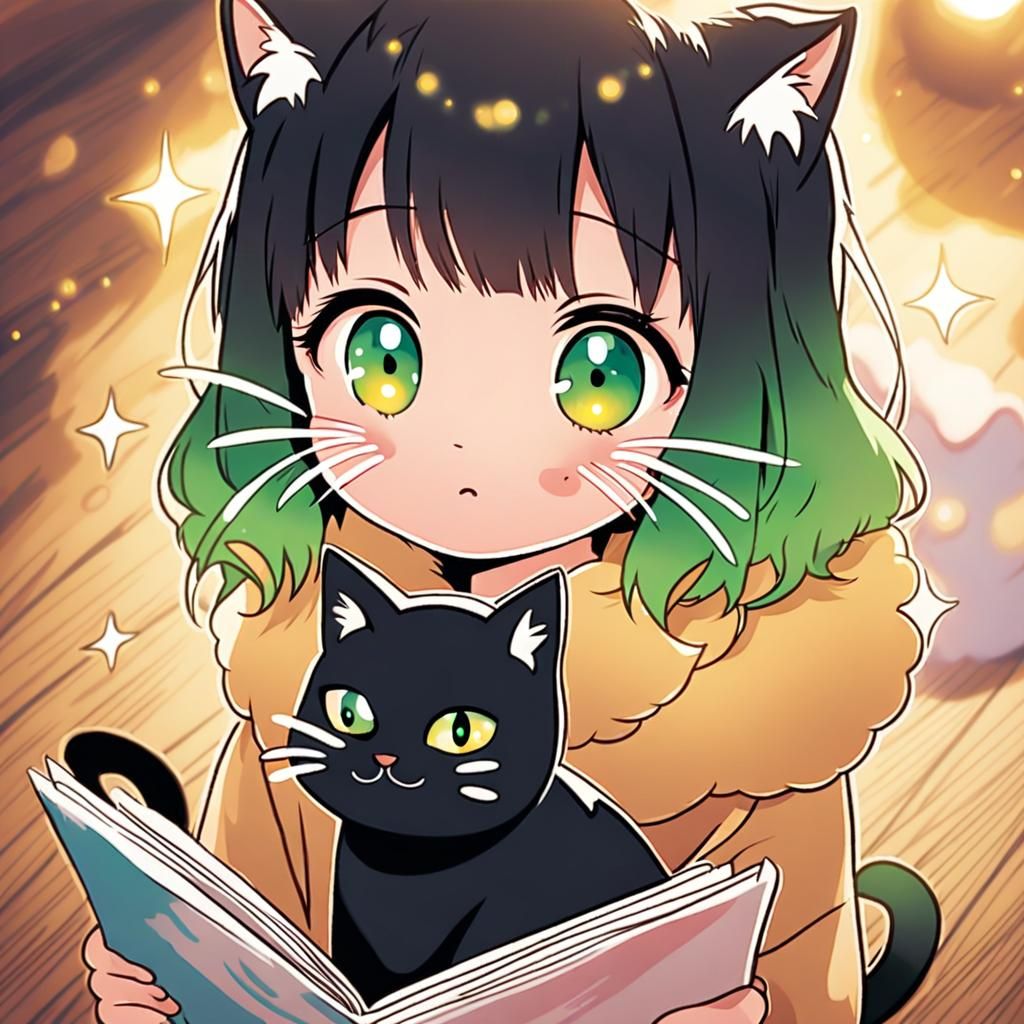 Adorable Anime Black Cat Portrait in Watercolor Style