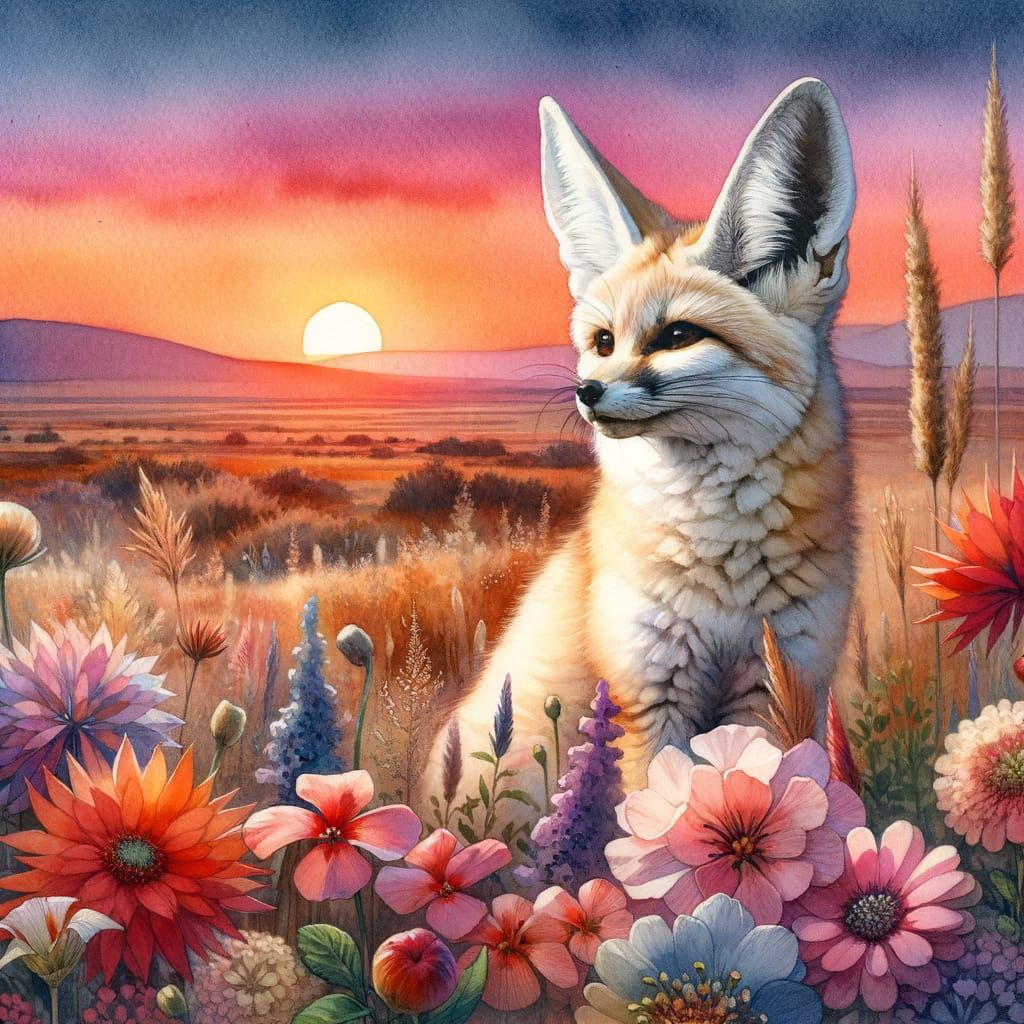 Fennec Fox in Wild, Watercolor Sunset Scene