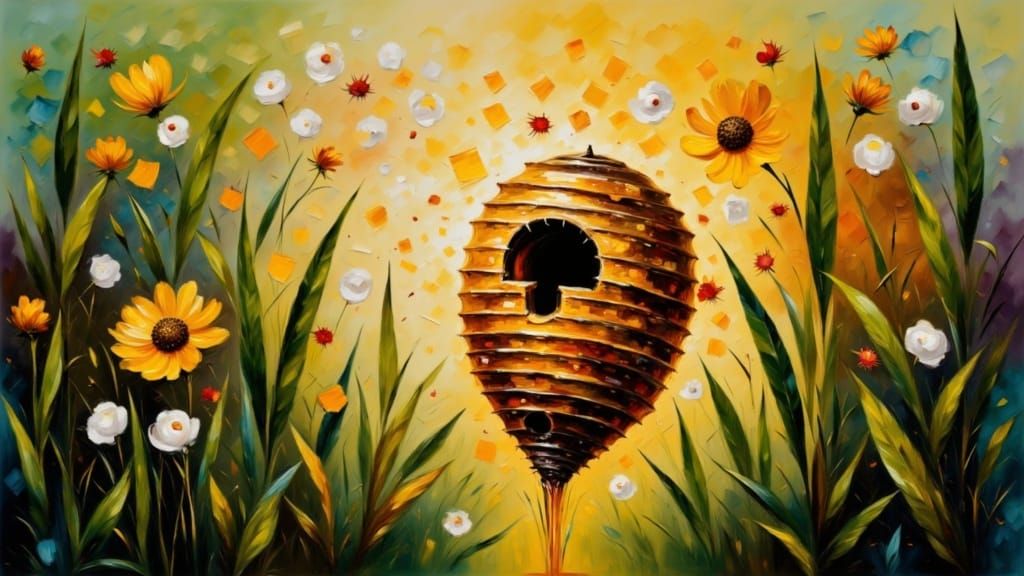 Surreal Abstract Beehive in Metallic Gold and Green