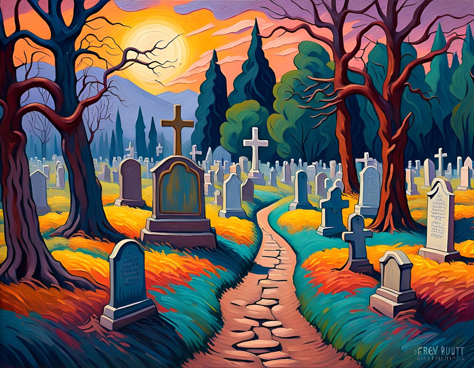 Somber Graveyard in Expressionist Oil Painting Style