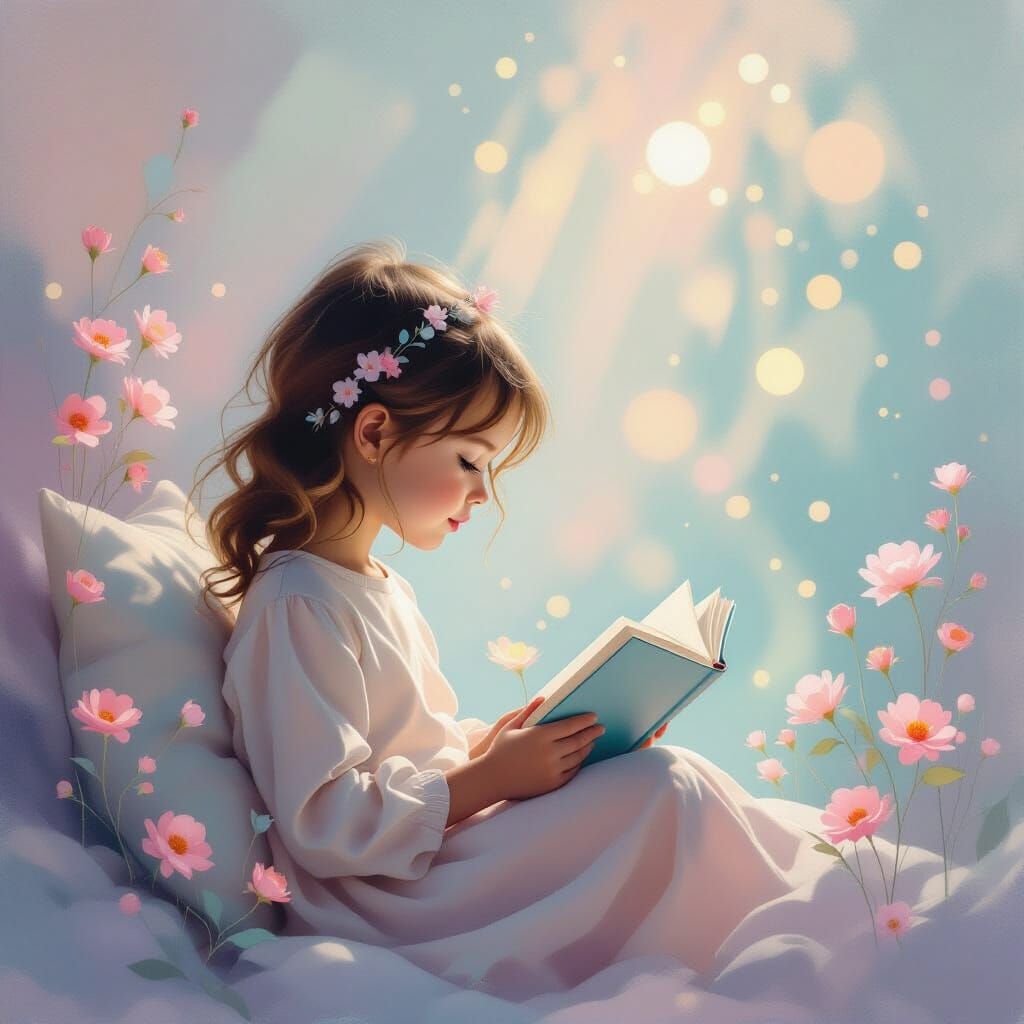 Ethereal Child Reading Book: Minimalist Pastel Art