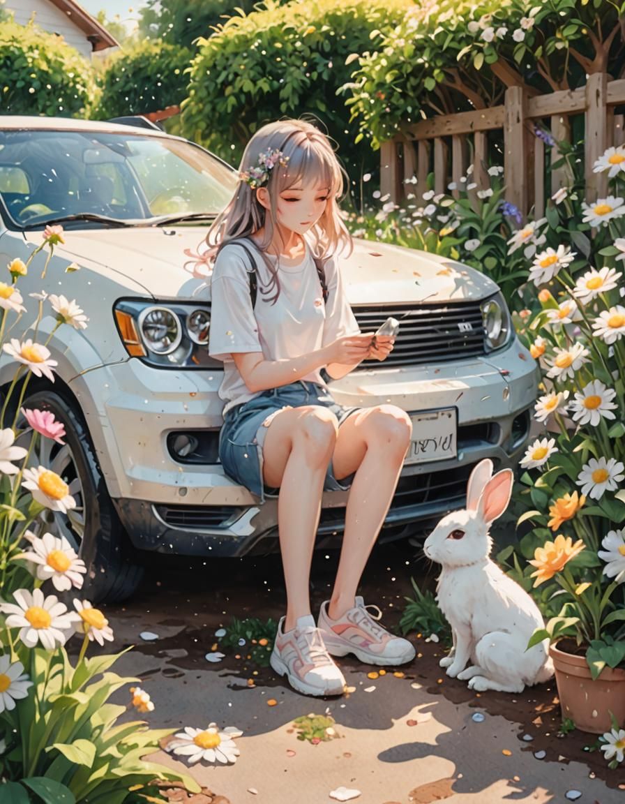 Pastel Anime Rabbit Girl Washing Car in Garden