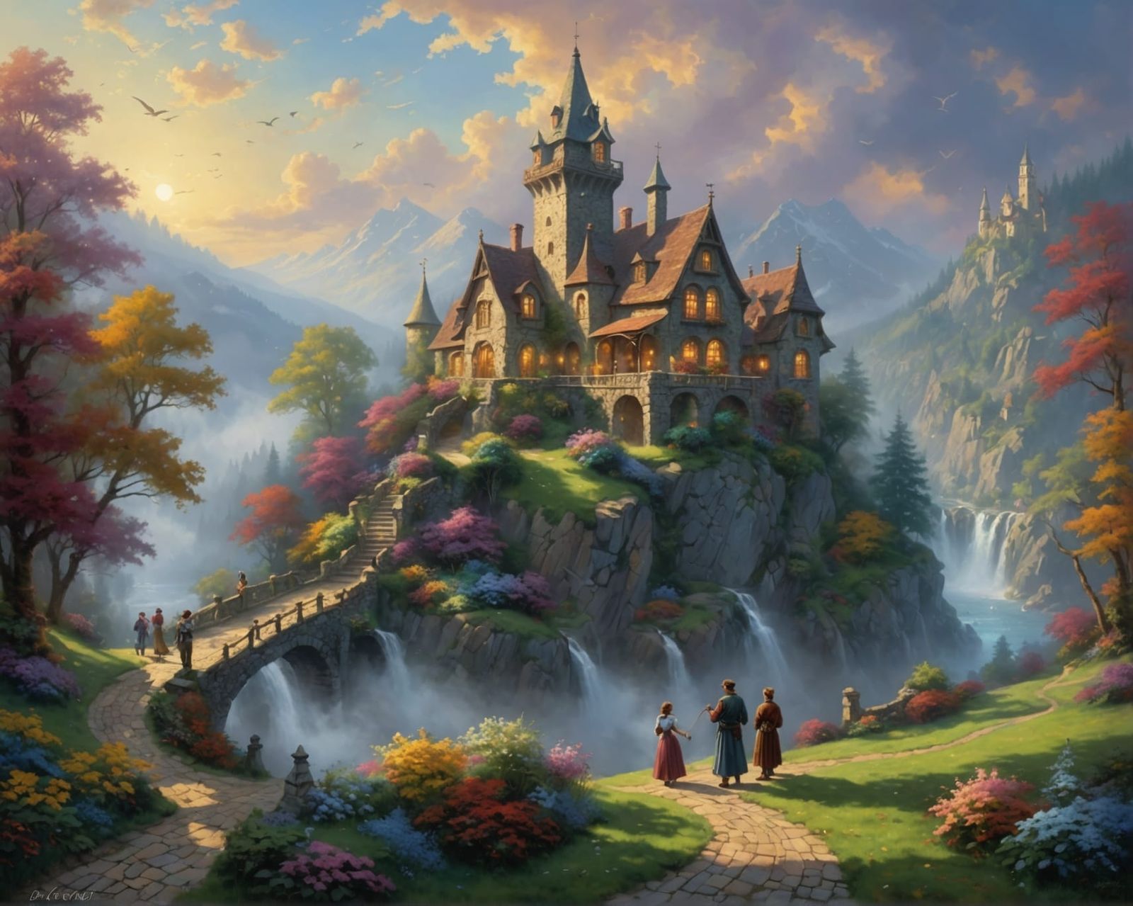 Happy People in Ethereal Fantasy Landscape Painting