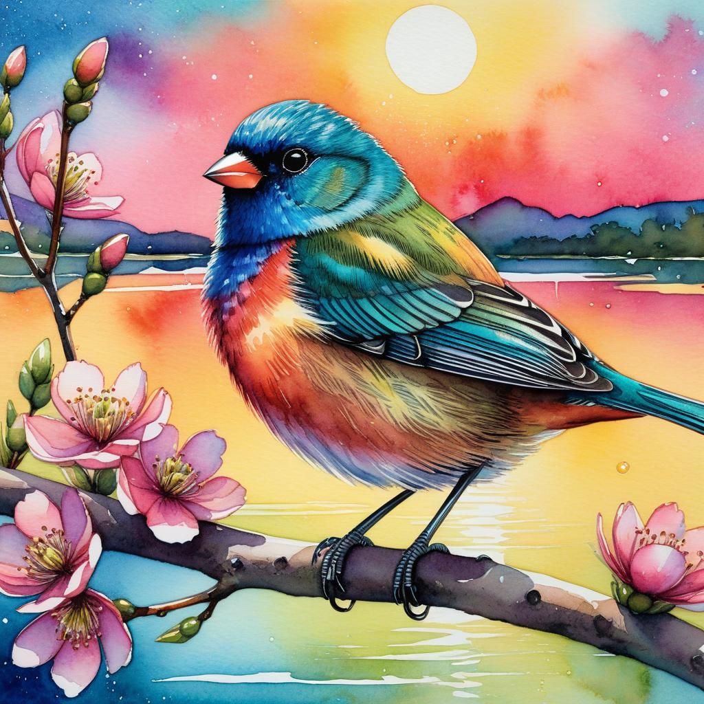 Watercolor Painted Bunting on Blooming Branch