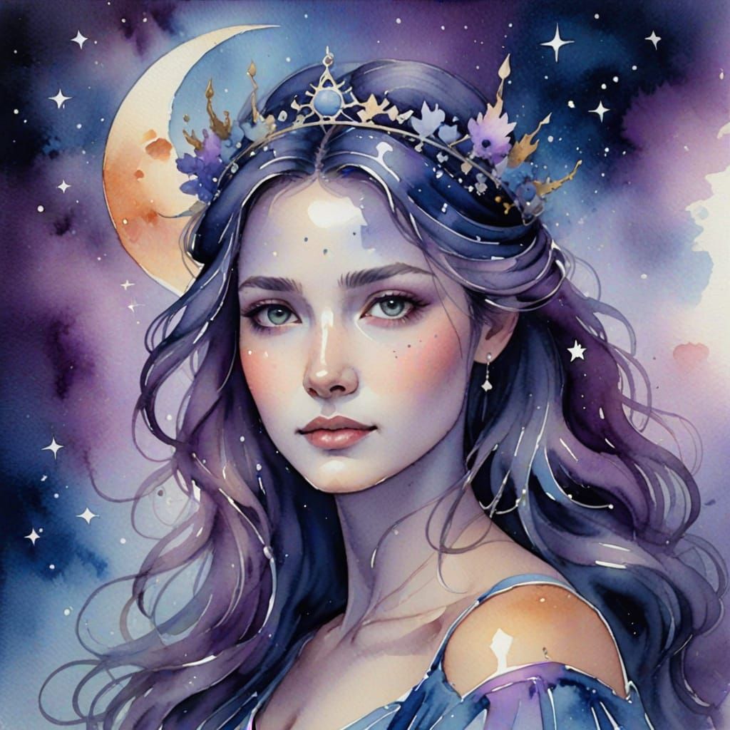 Dreamy Watercolor Portrait of a Gentle Moon Goddess