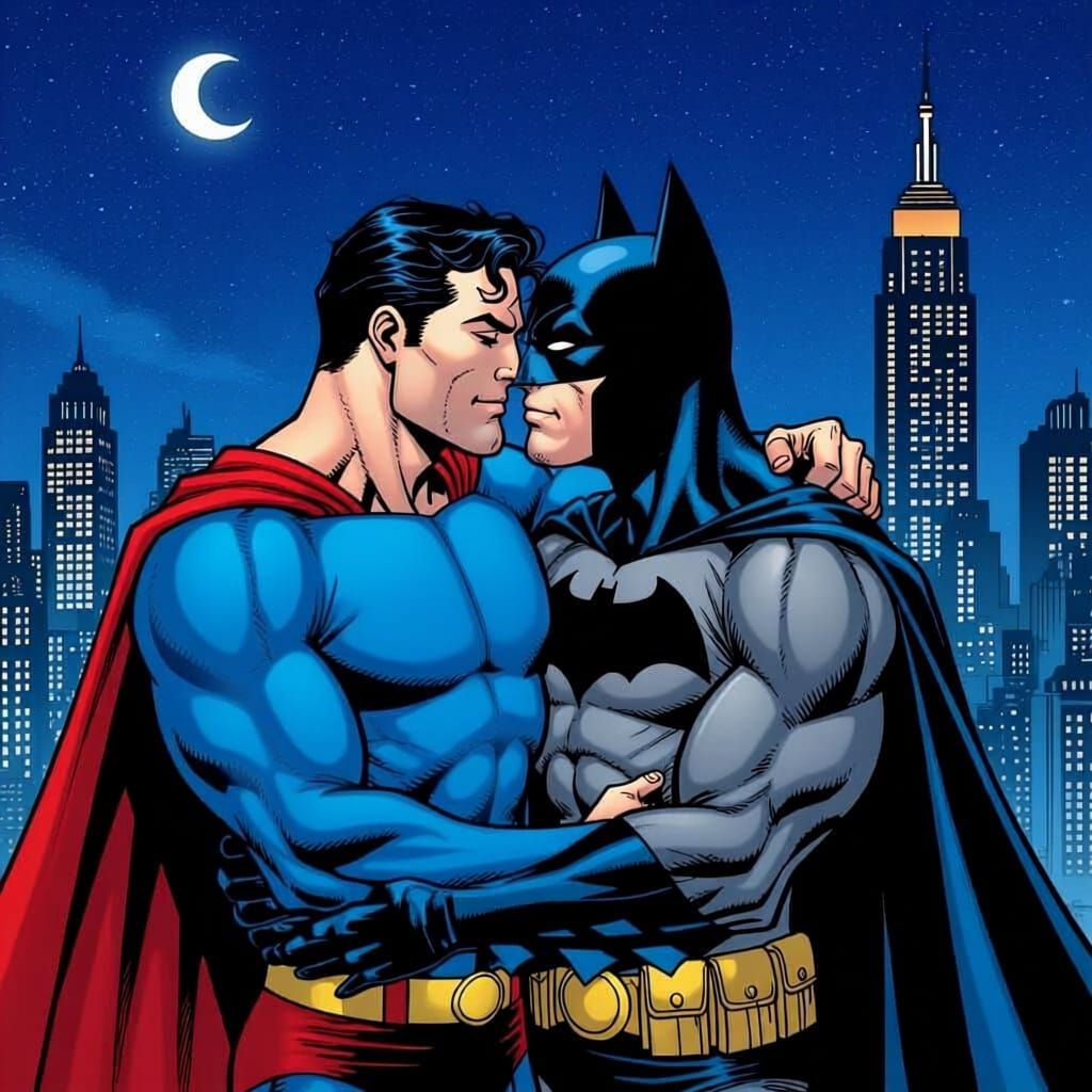 Superman and Batman Kissing Art
