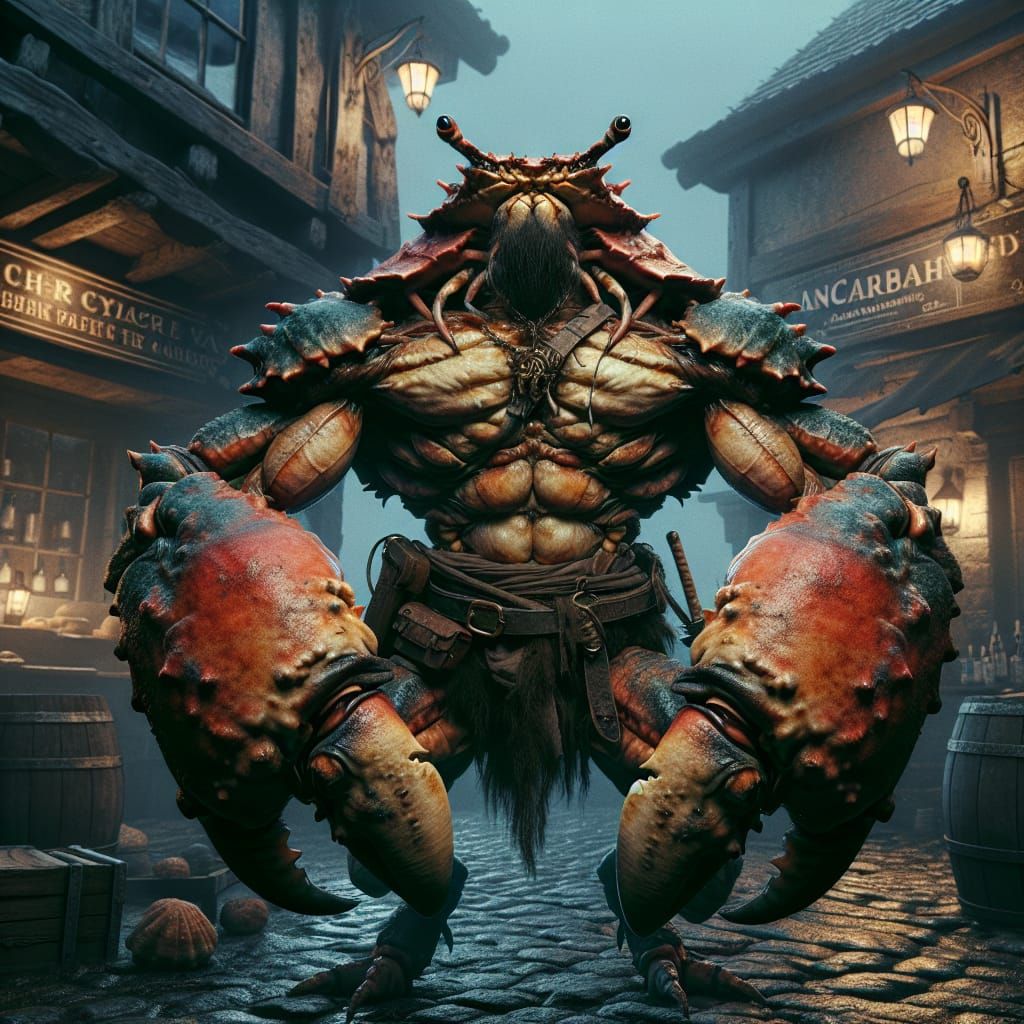 Menacing Crab Warrior in Inkpunk Tavern Scene