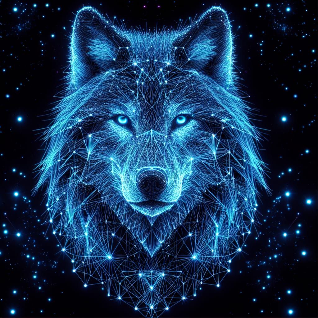 Image of a neon blue wolf made up of thousands of very thin ...