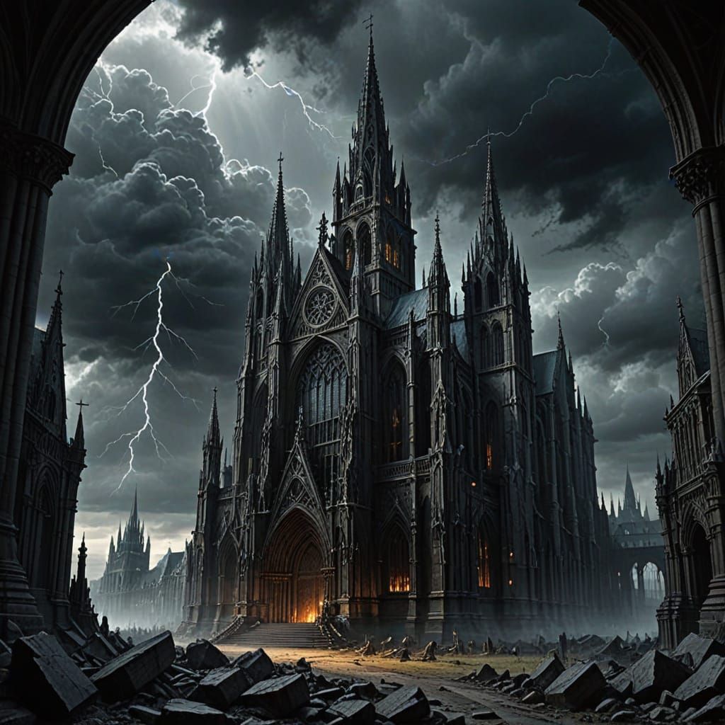 Gothic Cathedral Silhouette in Stormy Sky, Charcoal Drawing