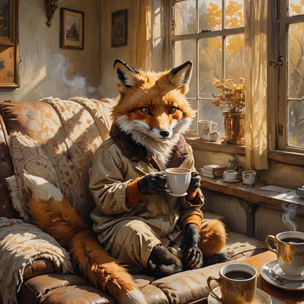 Cozy Anthropomorphic Fox Sips Coffee: Gurney-Style Oil Paint...