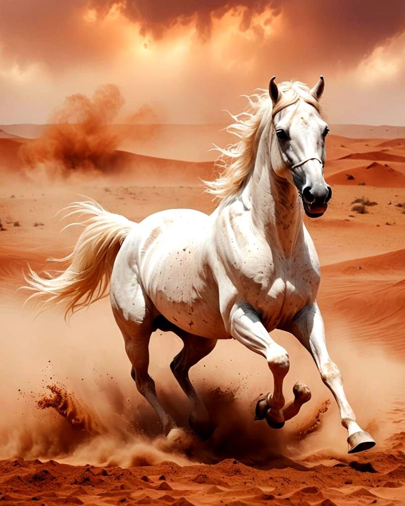 Arabian Horse in Red Sandstorm: Watercolor Painting