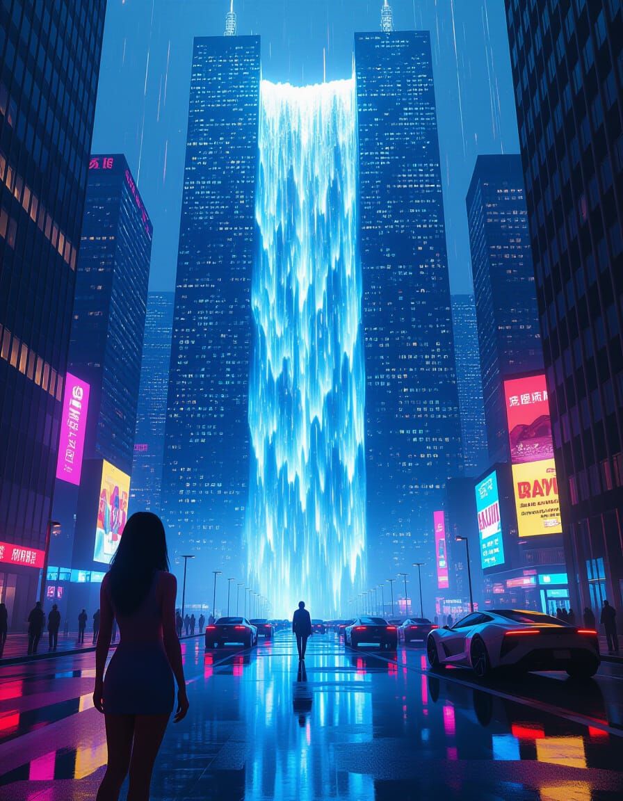 Futuristic Waterfall in Neon City, Hyperrealistic Art