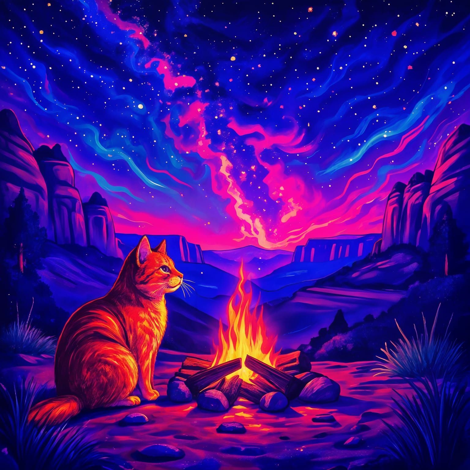 Cat Gazes at Milky Way in Desert Canyon
