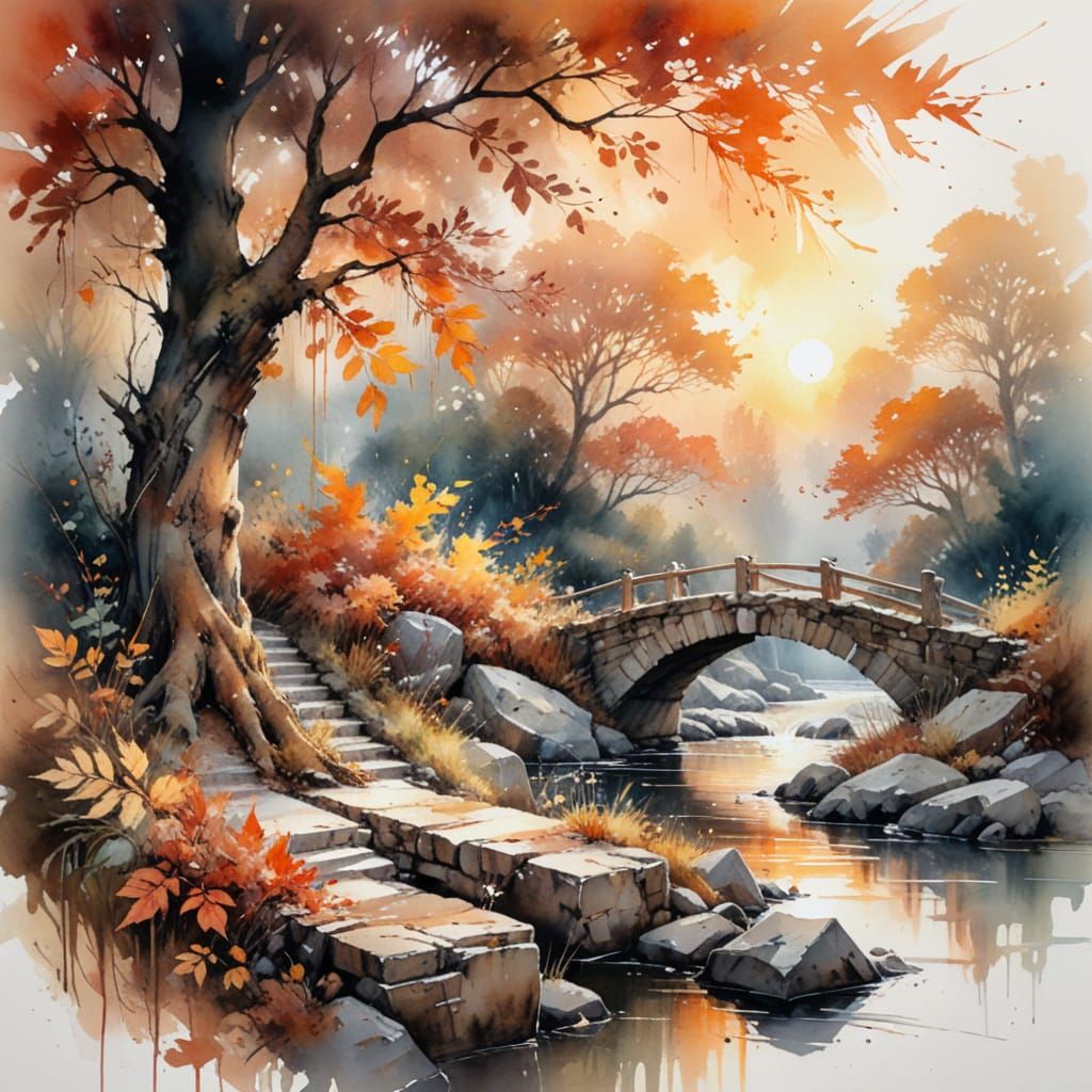 Autumnal Bridge Scene as Stylized Watercolor