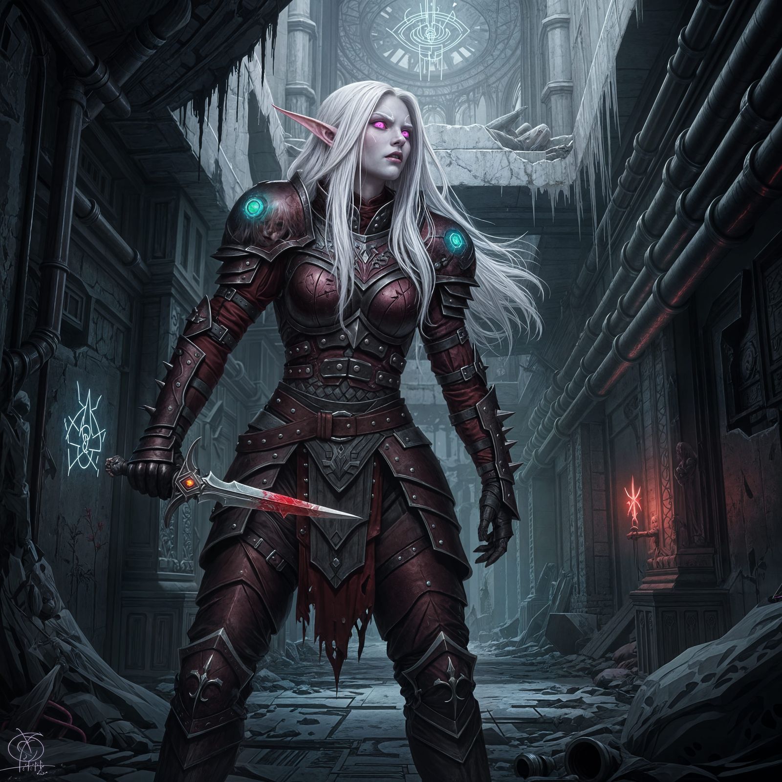 Albino Elf Warrior Searches Lost Corridor with Evil Dagger