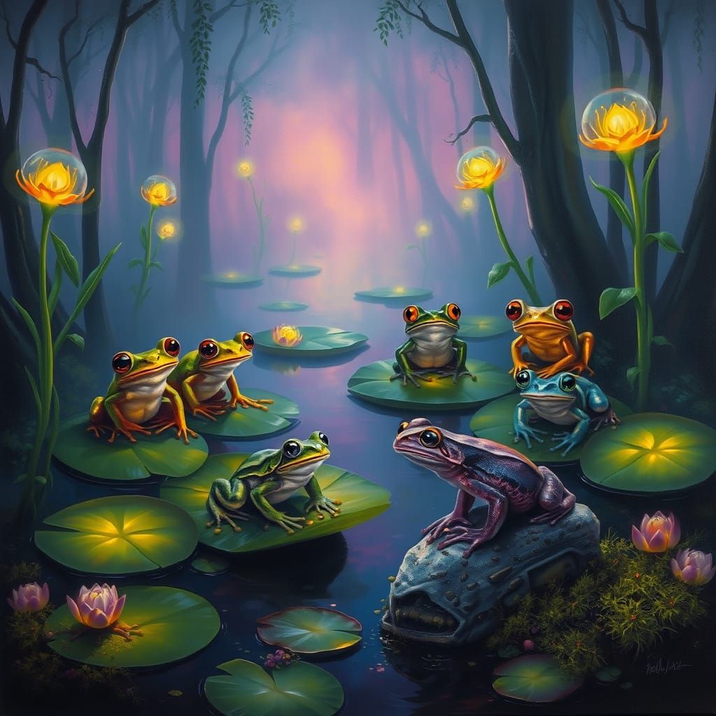 Ethereal Swamp at Twilight with Jewel-Toned Frogs