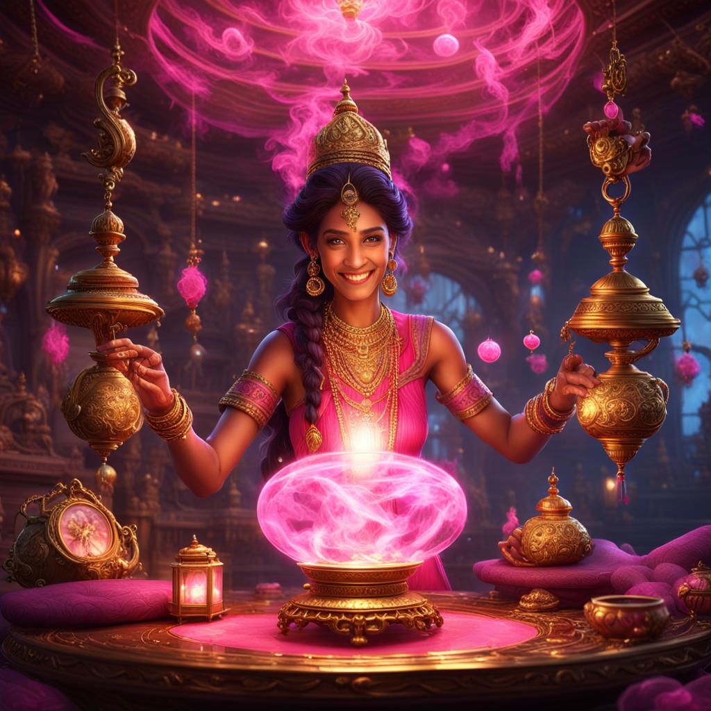 Pink Genie Grants Wishes From Magic Lamp