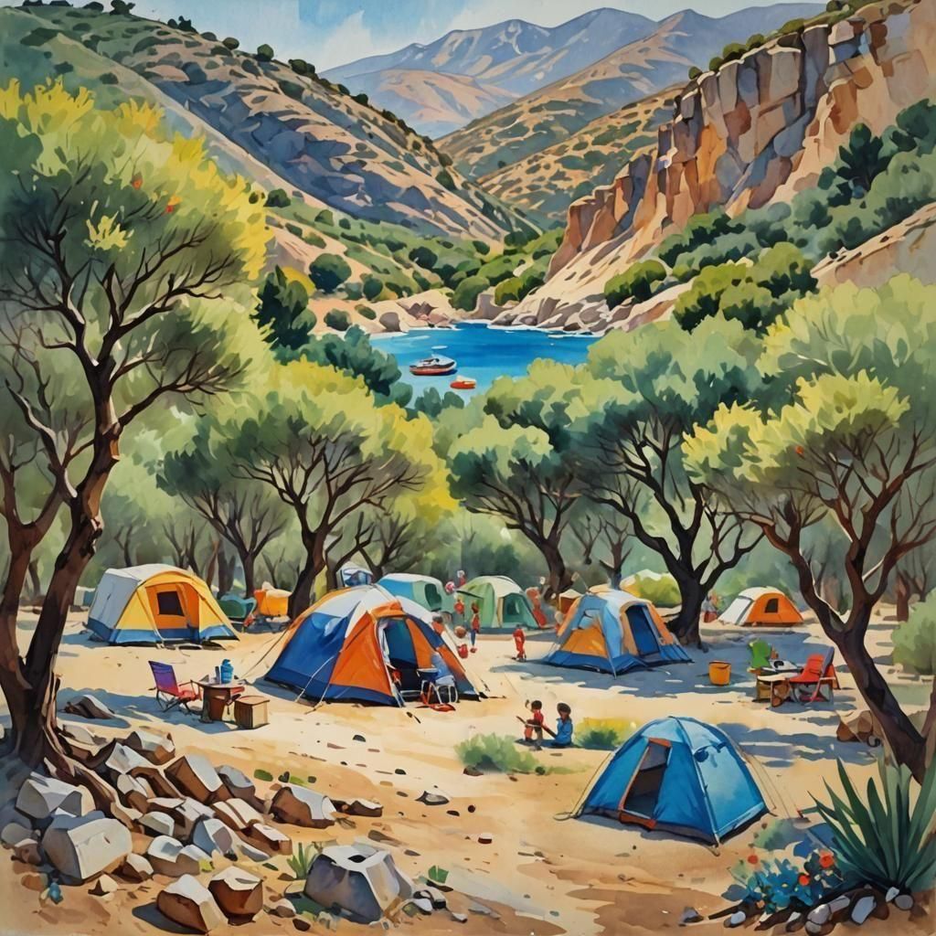 Camping in Kreta: Gouache Watercolor Masterpiece