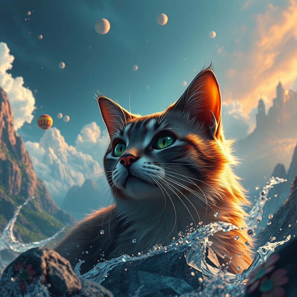 Feline in a Vibrant, Fantastical Landscape