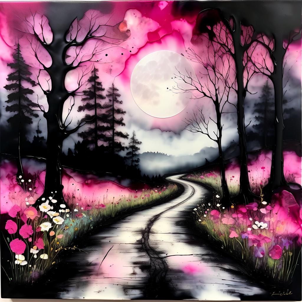 Rural Java Road at Night: Encaustic Painting