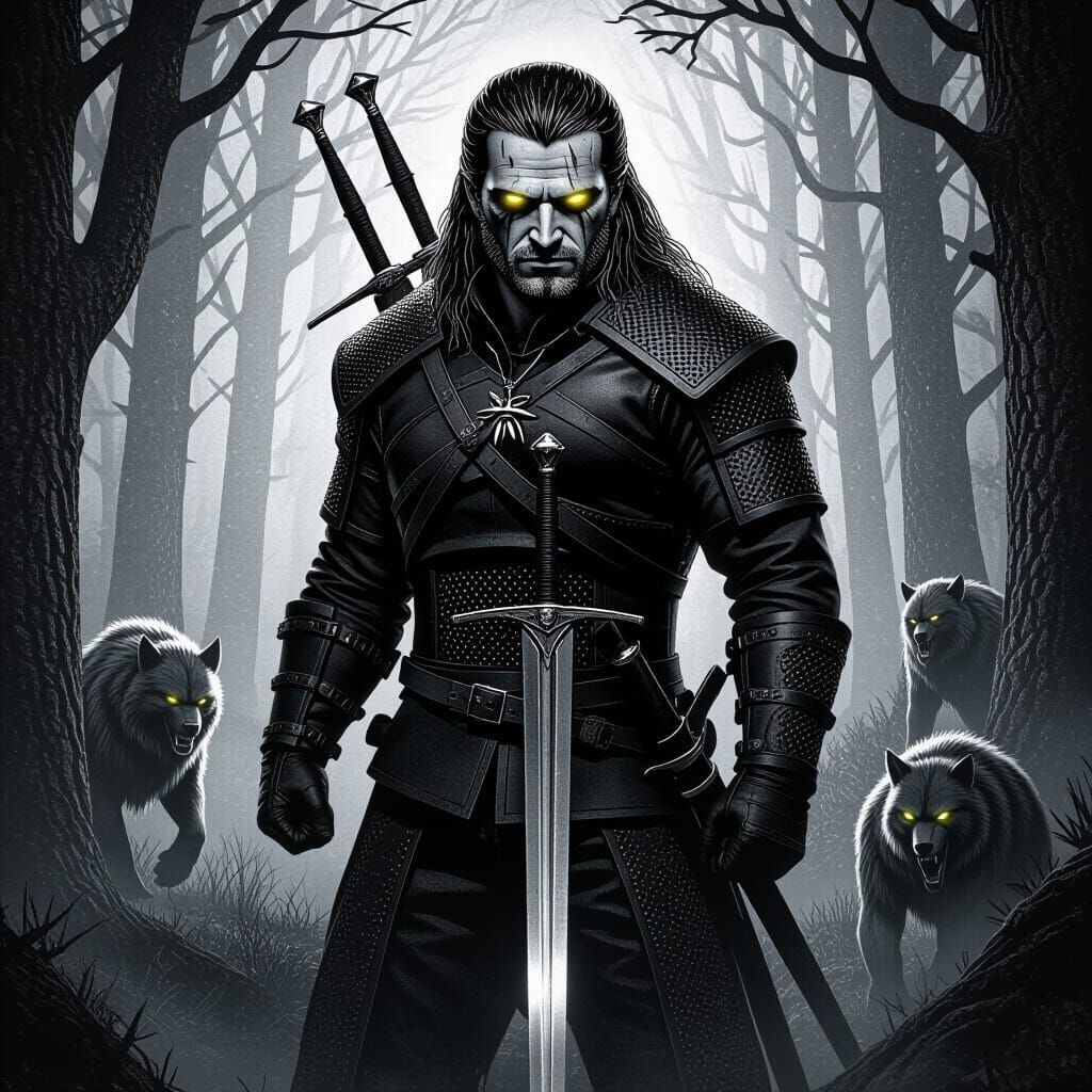Extremely Detailed Movie Poster for the 1980s version of "The Witcher" in black and white, brooding swordsman with glowi...
