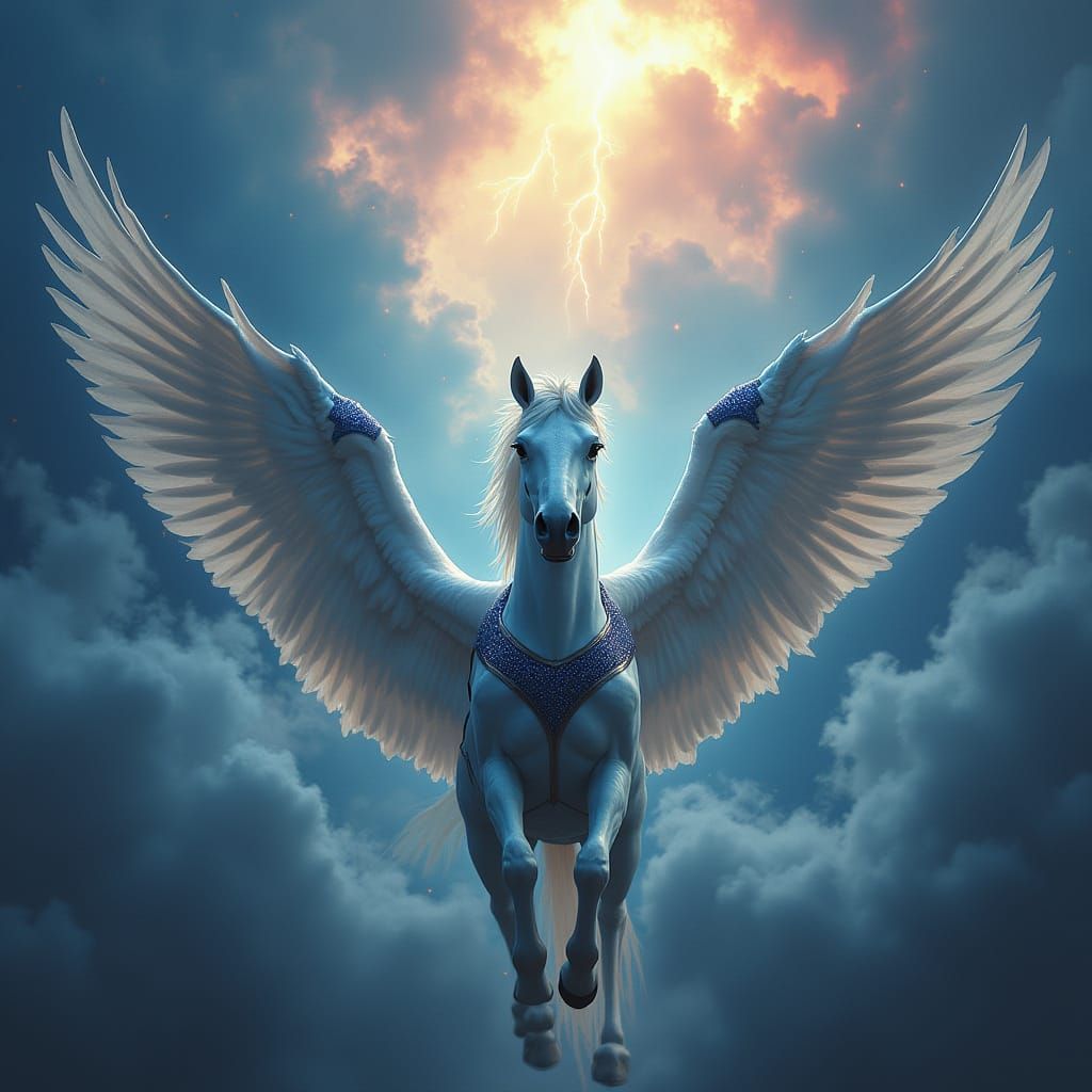 Soaring Pegasus with Glitter Wings in Stormy Sky