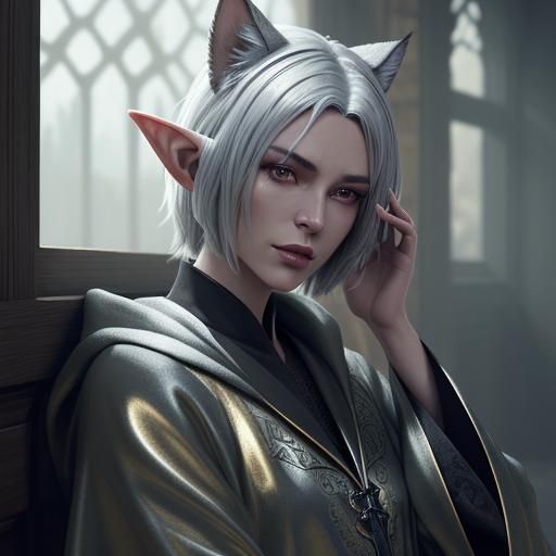 Androgynous Elf with Silver Hair in Fantasy Robes