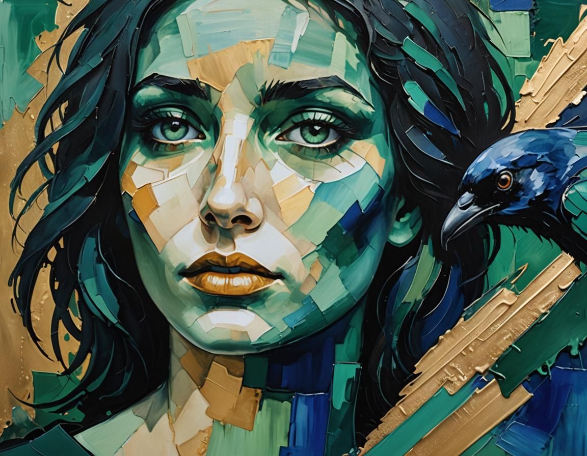 Abstract Expressionist Woman with Crow-Black Eyes